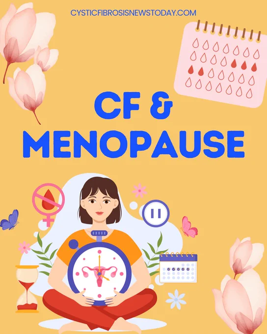 Illustration of a woman sitting with a large clock, surrounded by flowers and icons related to menopause. Text reads "CF & Menopause".