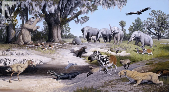 a painting of an open landscape with a few large oak trees and a number of animals that resemble elephants, zebras, alligators, huge sloth and birds