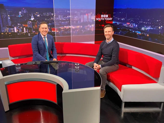 Presenter Edward Sault with doctor Alasdair Munro in the BBC South Today studio.