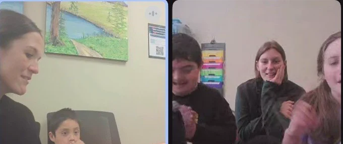 split screen of children talking on line 