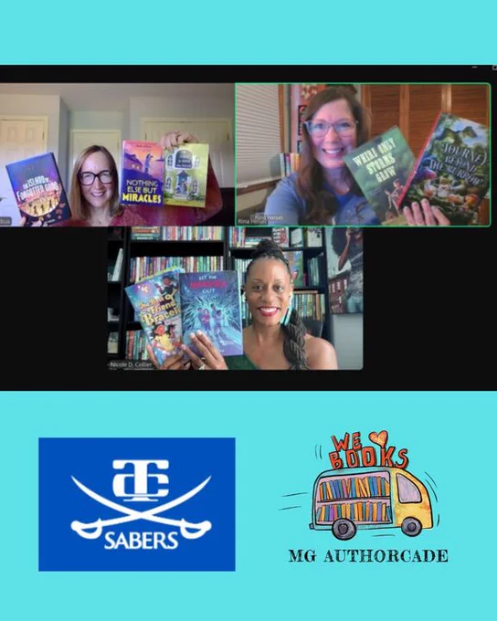 Authors Kate Albus, Rina Heisel and nicole d. collier hold up their books and recommendations in a screencap following a school visit. Recommended books: The Island of Forgotten Gods, by Victor Pinero; Where Only Storms Grow, by Alyssa Colman; and Let the Monster Out, by Chad Lucas.