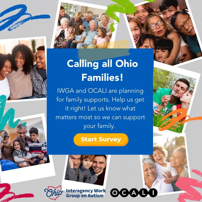 Calling All Ohio Families! Take the IWGA and OCALI Family Engagement Survey. Photos of various families smiling. 