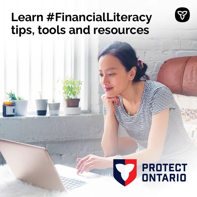 Photo of a woman looking at her laptop.

Photo text: Learn #FinancialLiteracy tips, tools and resources