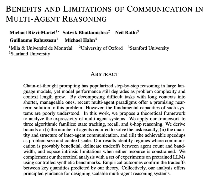 Screenshot of academic paper abstract discussing multi-agent AI systems. The text explains how breaking complex tasks into smaller parts using multiple AI agents can improve performance, presents a theoretical framework analyzing agent communication requirements, and describes experiments validating predicted tradeoffs in multi-agent reasoning systems.