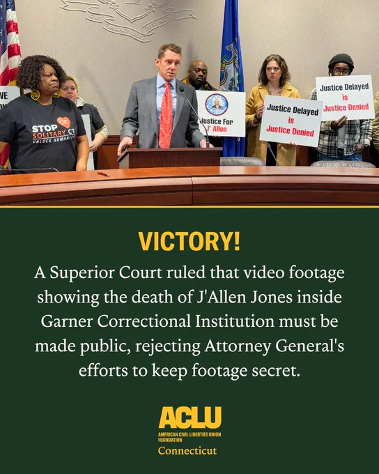 The rectangular post with a dark green background. An image of our lawyers with partners at a press conference for Richardson v. Semple sits in the top half. In the green half appears the following text in white: VICTORY! A Superior Court ruled that video footage showing the death of J'Allen Jones inside Garner Correctional Institution must be made public, rejecting Attorney General's efforts to keep footage secret." The ACLU Foundation logo is centered on the bottom in yellow.