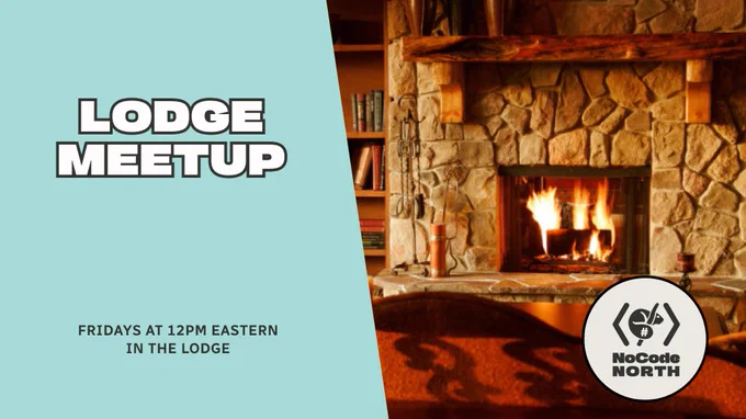 A fire in a stone fireplace in a rustic cabin. Nocode North hosts a lodge meetup on fridays at 12pm eastern
