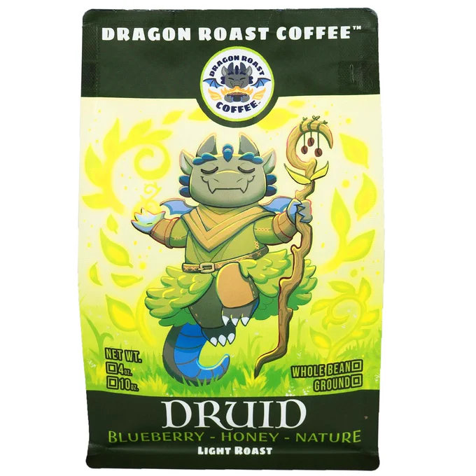 Druid roast coffee. Blueberry, honey, nature. Light roast