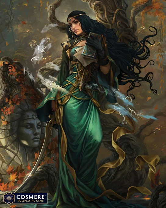 Pailliah, a tan-skinned woman with curling black hair, stands in front of a gnarled tree. She wears a striking green dress and holds a book close to her chest. A green-gemmed circlet holds her hair back and logicspren encircle her like tiny stormclouds. She holds a long, curved Honorblade.