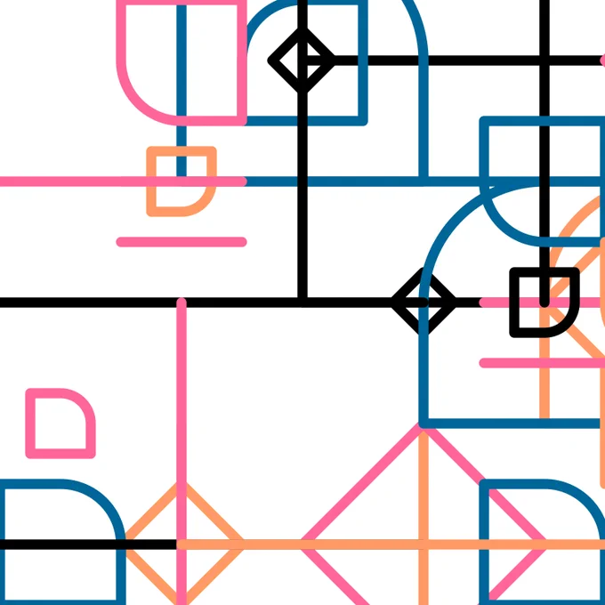 This generative artwork features an abstract composition of interconnected lines and geometric shapes, resembling a stylized map or circuit diagram. It uses a vibrant color palette of pink, blue, orange, and black, creating a visually dynamic and intricate pattern with smooth curves and sharp angles.