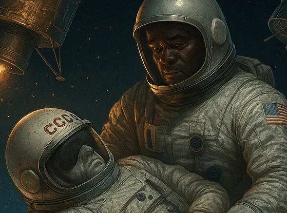 A U.S. Apollo astronaut helps a fallen cosmonaut.