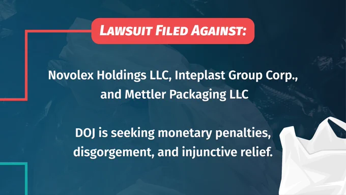 LAWSUIT FILED AGAINST:
Novolex Holdings LLC, Inteplast Group Corp., and Mettler Packaging LLC
DOJ is seeking monetary penalties, disgorgement, and injunctive relief.