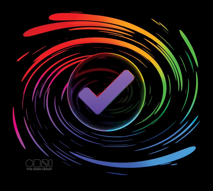 Art depicting OmniFocus 4 logo inside a colorful Liquid Glass inspired "vortex." 