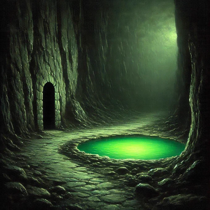 An AI generated Knightmare-inspired scene of a vale clearing with a green pool, based loosely on the Vale of Banburn from Knightmare Series 3.