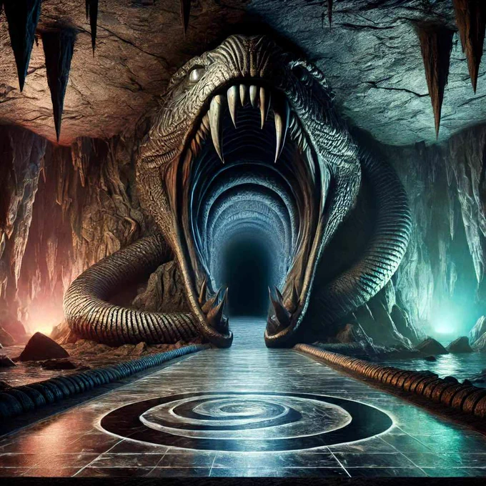 An AI generated Knightmare-inspired scene of a stunning floorway leading into a giant serpent's mouth.