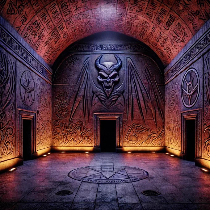 An AI generated Knightmare-inspired scene with multiple exits, lit in shades of violet and orange.