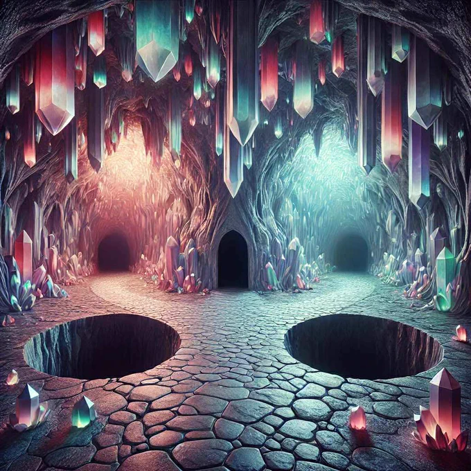 An AI generated Knightmare-inspired scene of a cave serenely lit by crystals hanging perilously from the ceiling.