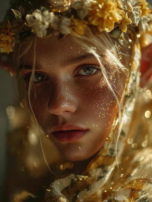 Cinematic portrait of a mystical elf woman, her face adorned with gold dust and a yellow flower crown, gazing softly with green eyes.