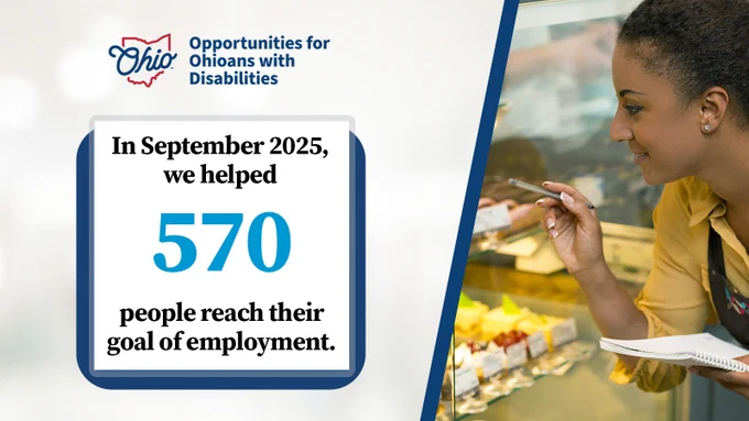 A bakery employee inspects a display case. Text, "In September 2025, we helped 570 people reach their goal of employment." OOD logo.