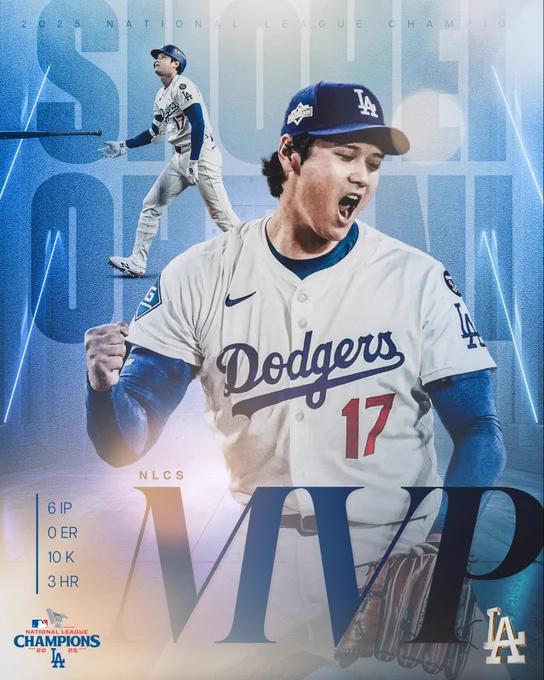 A graphic announcing Shohei Ohtani as the 2025 NLCS MVP with the following stats: 6 IP, 0 ER, 10 K, 3 HR