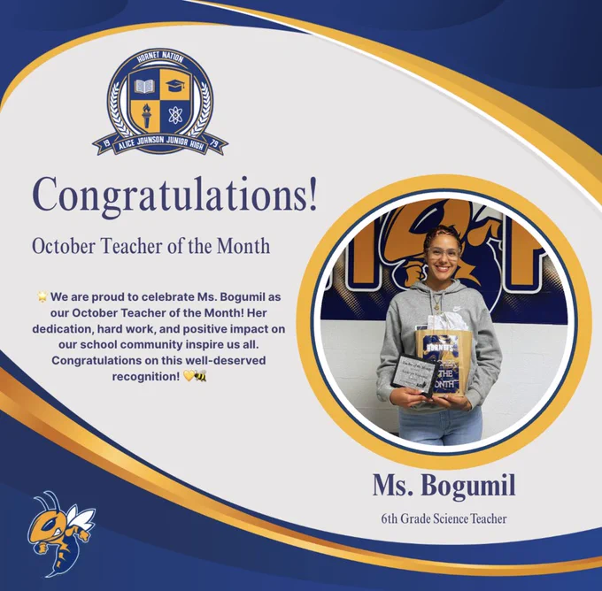 Ms. Bogumil, October Teacher of the Month!
