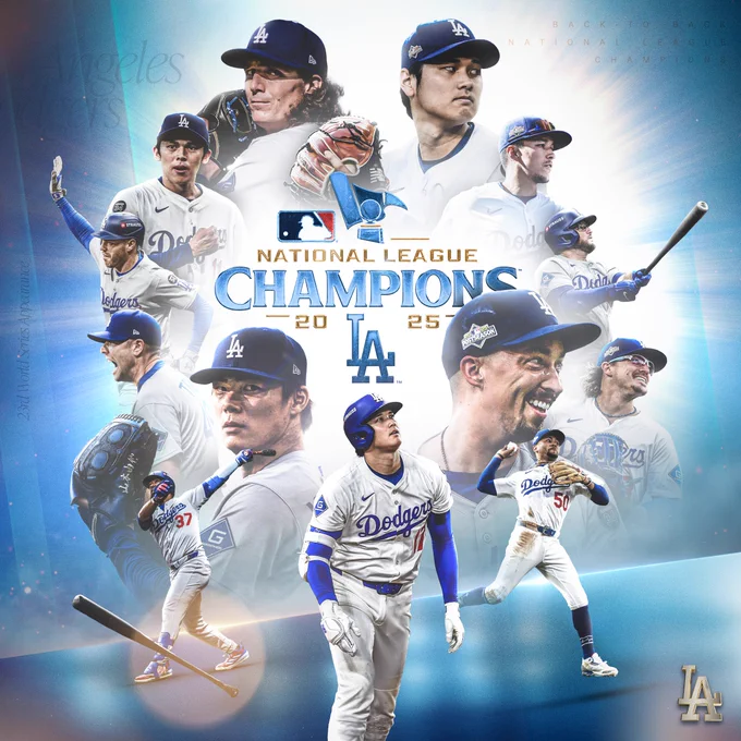 Un gráfico anunciando a Los Dodgers como Campeones de la Liga Nacional con recortes fotográficos de Shohei Ohtani, Tommy Edman, Max Muncy, Blake Snell, Kiké Hernández, Mookie Betts, Shohei Ohtani, Teoscar Hernández, Yoshinobu Yamamoto, Blake Treinen, Freddie Freeman, Roki Sasaki y Tyler Glasnow.