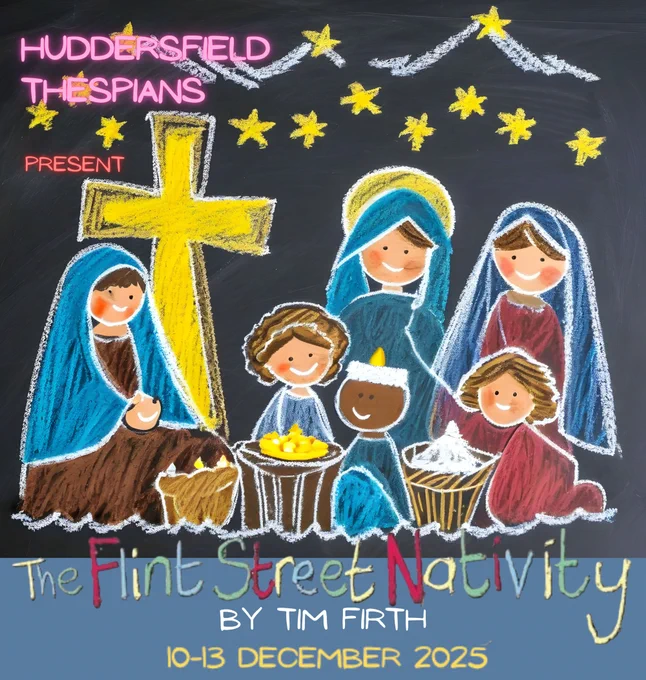 A cartoon nativity scene with the shows details: The Flint Street Nativity, Longwood Mechanics 10-13 December 2025