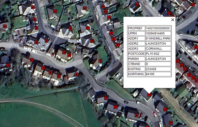 Screenshot of sample of Cornwall's Council Tax address data, visualised in Google Earth