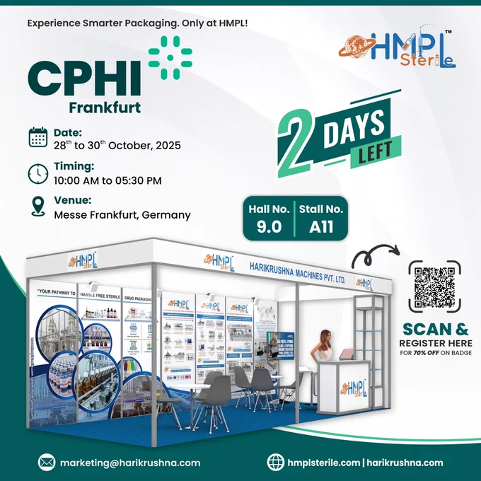 Only 2 days left! HMPL Sterile is almost ready to take Frankfurt by storm at CPHI 2025.

This is your chance to witness innovation in action from oral liquid syrups to IV bottles and ampoules. Our equipment brings reliability, efficiency, and compliance together in perfect harmony.

Don’t miss the chance to meet our team at Hall 9.0, Booth A11, and see how we’re redefining pharma packaging excellence.

Hall No.: 9.0 | Stall No.: A11 (Machinery)
October 28–30, 2025 | Messe Frankfurt, Germany

Register Now: https://harikrushna.com/events/cphi-frankfurt-2025/

#CPHIFrankfurt2025 #HMPLSterile #PharmaInnovation #SterilePackaging #AsepticProcessing #PharmaTechnology #HMPL #Pharmaceuticals #AsepticPackaging #PackagingMachinery #CPhI2025 #SterileSolutions #PackagingExcellence #HarikrushnaMachines #ManufacturingExcellence #TeamHMPL