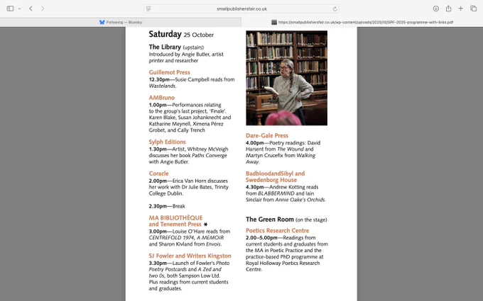 Programme of readings with photo of a woman reading in a library
