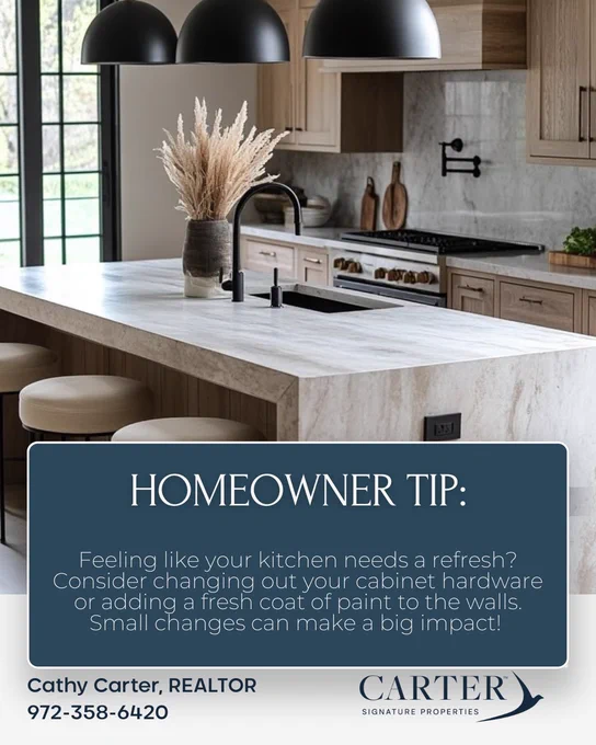 A clean, modern kitchen showing updated cabinet hardware and fresh paint. Carter Signature Properties suggests small changes like hardware and paint to refresh a kitchen in Haslet, Alliance, and DFW.