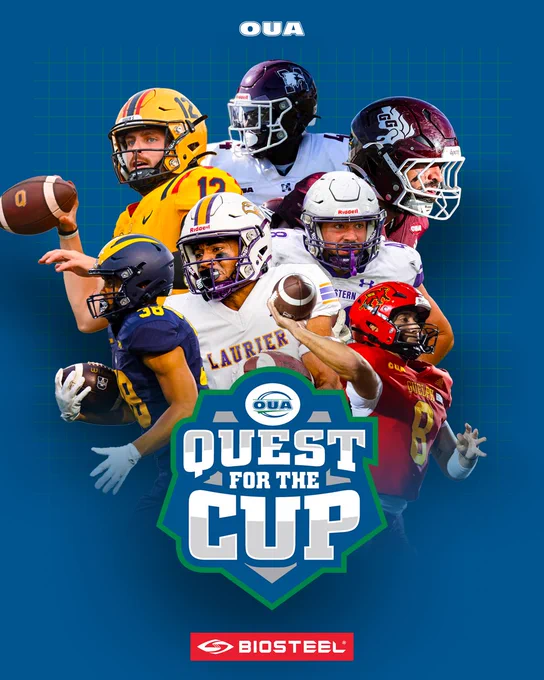 Graphic on blue background featuring collage of seven OUA football players, with the Quest for the Cup logo featured prominently in front