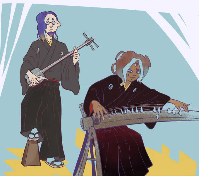 Ikkan playing on a shamisen and Warabi playing on a koto