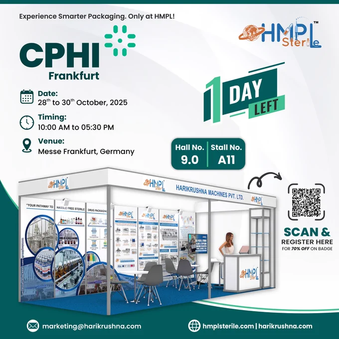 Tomorrow is the day! HMPL Sterile hits CPHI Frankfurt 2025 with sterile solutions that are game-changers for the pharma industry.

From pre-filled syringes to high-speed liquid packaging lines, we’re bringing the future of pharma production to life. Meet our experts and discover how innovation meets precision.

Be there to experience excellence firsthand. The future of pharma packaging is here, and it’s exciting!

Hall No.: 9.0 | Stall No.: A11 (Machinery)
October 28–30, 2025 | Messe Frankfurt, Germany

Register Now: https://harikrushna.com/events/cphi-frankfurt-2025/

#CPHIFrankfurt2025 #HMPLSterile #PharmaInnovation #SterilePackaging #AsepticProcessing #PharmaTechnology #HMPL #Pharmaceuticals #AsepticPackaging #PackagingMachinery #CPhI2025 #SterileSolutions #PackagingExcellence #HarikrushnaMachines #ManufacturingExcellence #TeamHMPL
