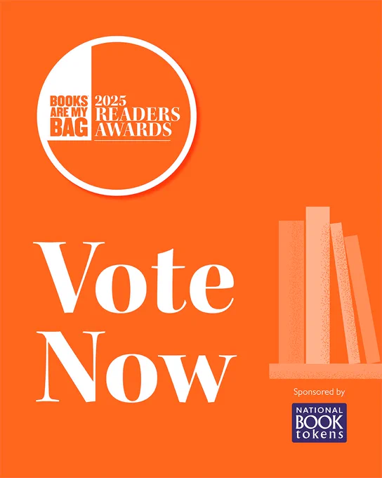 Promotional asset for the 2025 Books Are My Bag Readers Awards, encouraging voting now, with an orange background and stylized book graphics. Sponsored by National Book Tokens.