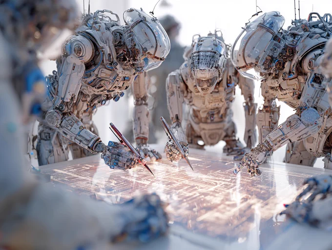A team of human researchers and AI robots collaborating over a glowing digital document made of code, studying and annotating it together around a futuristic table, cinematic light, detailed digital art, concept art style, sense of focus and teamwork