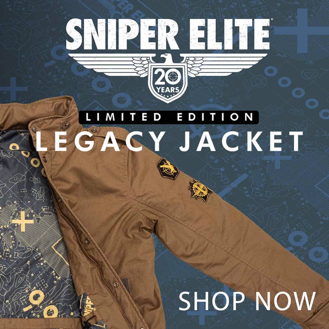 Promotional image featuring the Sniper Elite 20 Years Limited Edition Legacy Jacket with a "Shop Now" button. The jacket is displayed on a background with thematic graphics related to the Sniper Elite video game series.