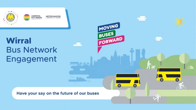 Blue tile with illustration of yellow buses and LCR monuments. Text reads: Wirral Bus Network- have your say on the future of our buses.