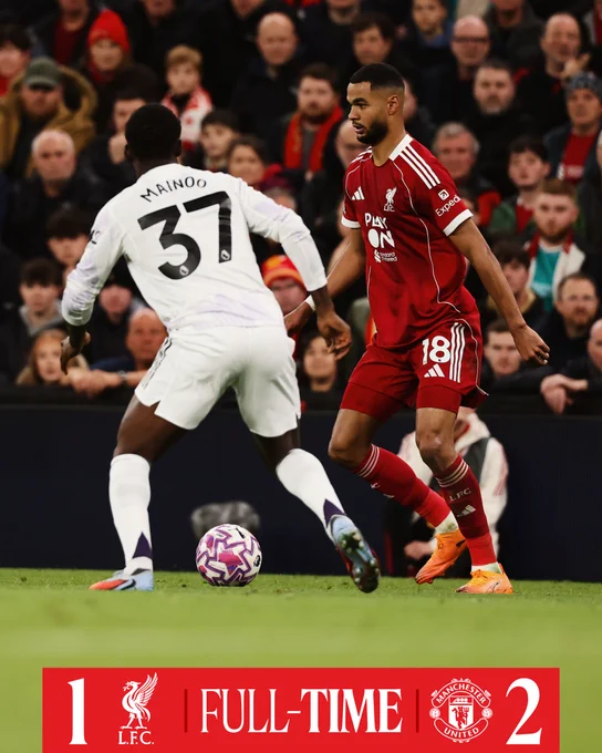 Full-time graphic for Liverpool vs Manchester United in the Premier League.

The final score is Liverpool 1-2 Manchester United.