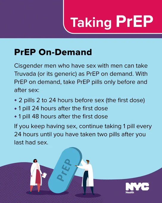 Text reads: Takign PrEP. PrEP on Demand

Cisgender men who have sex with men can take Truvada (or its generic) as PrEP on demand. With PrEP on demand, take PrEP pills only before and after sex:

·         2 pills 2 to 24 hours before sex (the first dose)

·         1 pill 24 hours after the first dose

·         1 pill 48 hours after the first dose

If you keep having sex, continue taking 1 pill every 24 hours until you have taken two pills after you last had sex.

N Y C Health logo.
