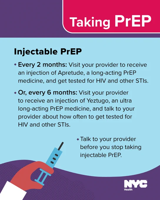 Text reads: njectable PrEP

·         Every 2 months: Visit your provider to receive an injection of Apretude, a long-acting PrEP medicine, and get tested for HIV and other STIs;

·         Or, every 6 months: Visit your provider to receive an injection of Yeztugo, an ultra long-acting PrEP medicine, and talk to your provider about how often to get tested for HIV and other STIs.

·         Talk to your provider before you stop taking injectable PrEP. N Y C health logo. 