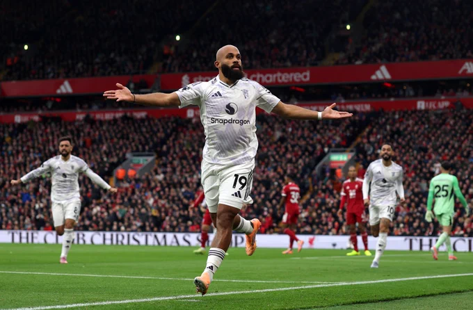 Bryan Mbeumo celebrates opening the scoring at Anfield.