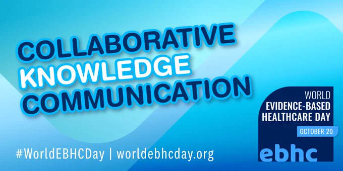 Blue background. Collaborative Knowledge Communication. World Evidence-Based Healthcare Day. Oct 20