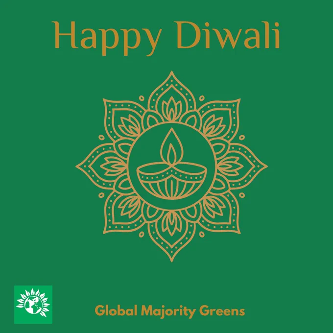 A small flame within a lotus pattern, etched in gold. Happy Diwali, Global Majority Greens