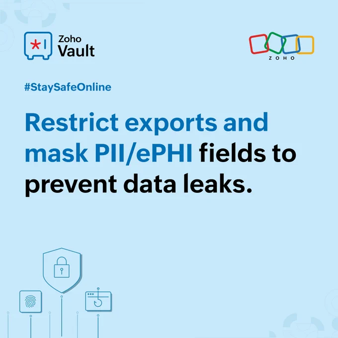Worried about sensitive information slipping through the cracks? 🤔  With Zoho Vault, you can restrict exports and mask critical PII/ePHI fields to keep your business secure and compliant.