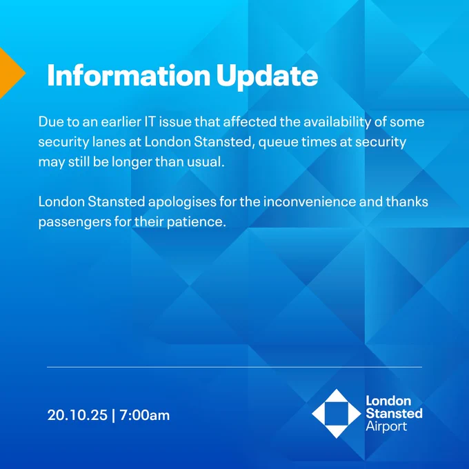 Information update from London Stansted Airport regarding extended queue times at security due to an earlier IT issue, thanking passengers for their patience.