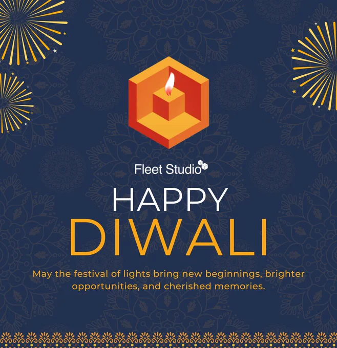 Fleet Studio Happy Diwali greeting card featuring the company logo above a festive design with fireworks and traditional patterns on a dark blue background. The message reads: ‘May the festival of lights bring new beginnings, brighter opportunities, and cherished memories.