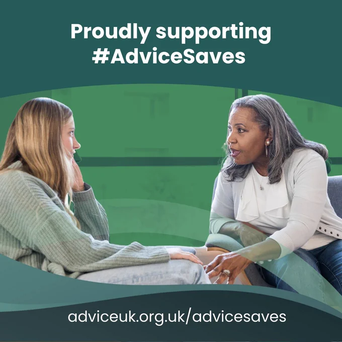 Image of two women sitting in an office setting speaking with each other. The text reads "Proudly supporting #AdviceSaves"