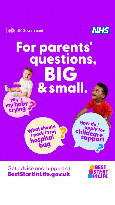 A child is sat on the floor . Text overlay includes 'For parents' questions, BIG & small'