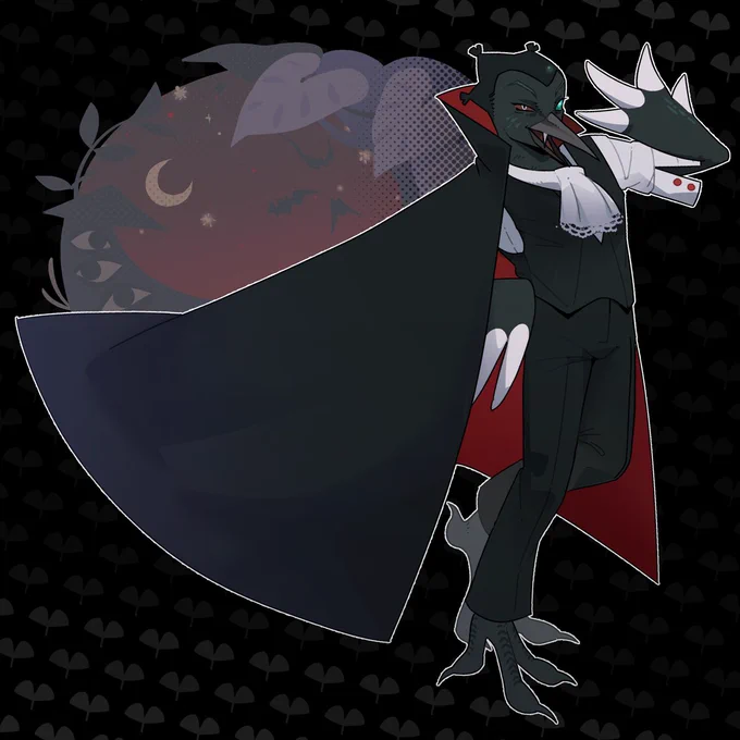 Stylish anthropomorphic Magpie in a vampire costume in front of a night time background. 