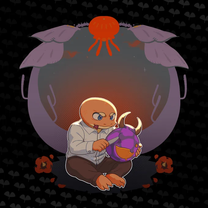 A young anthropomorphic lizard boy sitting on the ground and carving a face into a purple berry with horns. 